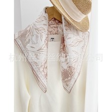 100 Twill Silk Flowers Print Hand Rolled Collar Neck Scarf 53cm Nude