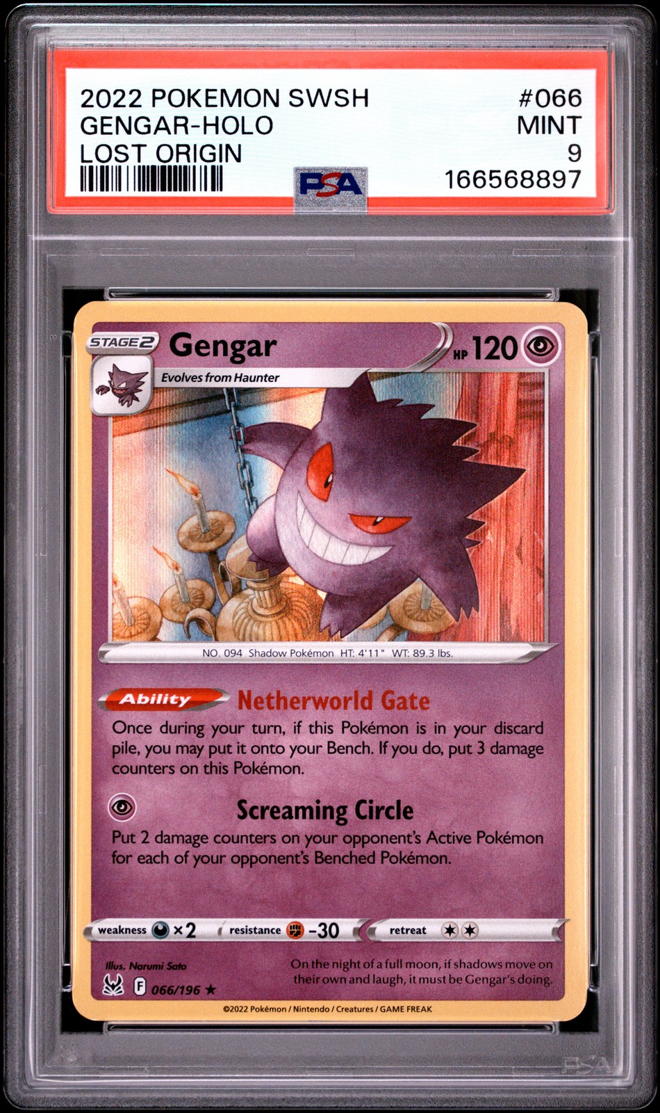 2022 POKEMON SWORD & SHIELD LOST ORIGIN #066 GENGAR-HOLO PSA 9