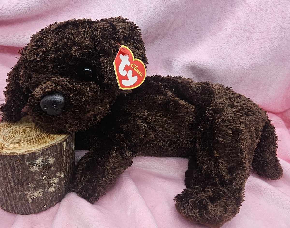 Ty Classic Nuzzle Puppy Dog Dark Brown Fuzzy 12in Plush Red Collar