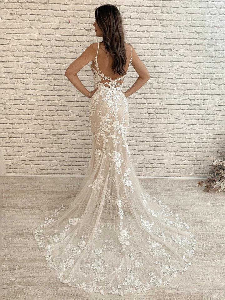 Elegante Boho Playa Sirena Vestidos de Boda Correas Encaje Apliques Sin Mangas Foto 3 de 4