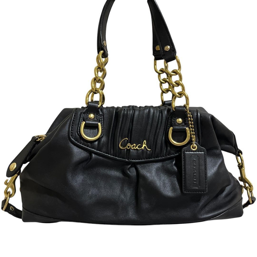 COACH F17647 Ashley Handbag Shoulder Bag 2way Leather Black Genuine Rare