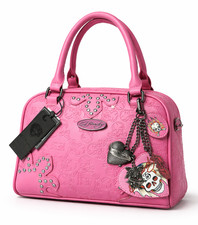 NWT Ed Hardy Skull Embossed Satchel Bag Pink Rhinestone Charm Crossbody