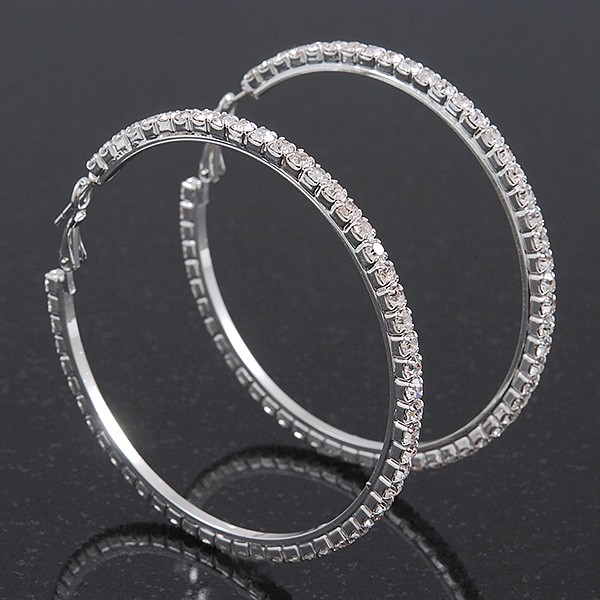 Austrian Crystal Hoop Earrings In Rhodium Plating - 6cm D
