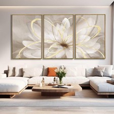 Living Room Decor White Flower Artwork Gold Canvas Wall Art Abstract Line Pai...