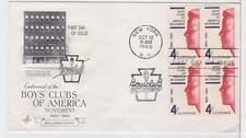 TurtlesTradingPost- Boys Clubs of  America 1960 - #1163  FDC Block of 4 Artcraft