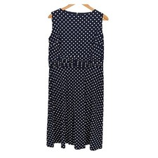 Chaps Fit and Flare Dress Navy Blue White Polka Dot Ruched Waist Sleeveless XL
