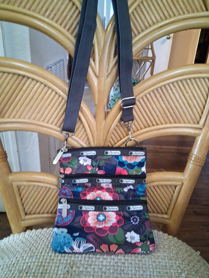 LeSportsac Colorful Green Floral Crossbody Shoulder Bag Purse-3 Zip Pockets