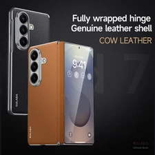 For Samsung Z Fold7 Genuine Cowhide Leather Magnetic Case Slim Hinge Back Cover