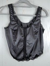 Vintage 70s Cami Tank Top Small Black Satin Lingerie Cropped Bow  Lace Details