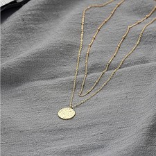 Gold Tone Layered Choker Necklace Brass Bar Coin Charm Pendant Multilayer Women