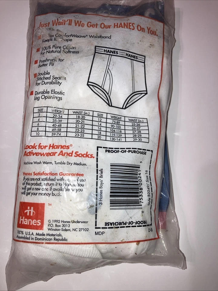 РЕДКИЕ ВИНТАЖНЫЕ ХЛОПКОВЫЕ ТРУСЫ HANES для мальчиков/SM MAN 3 ПАРЫ НОВЫЕ НЕРАСПАКОВАННЫЕ 1992-е РАЗМЕР 16 - Изображение 4 из 4