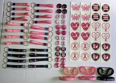 Breast Cancer Awareness 96 Piece Lot Of Bracelets, Buttons, Keychains, Tattoos