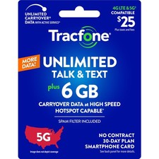 Tracfone 25 Unlimited Talk  Text, 6 GB of Data / 30 Days Physical Card 