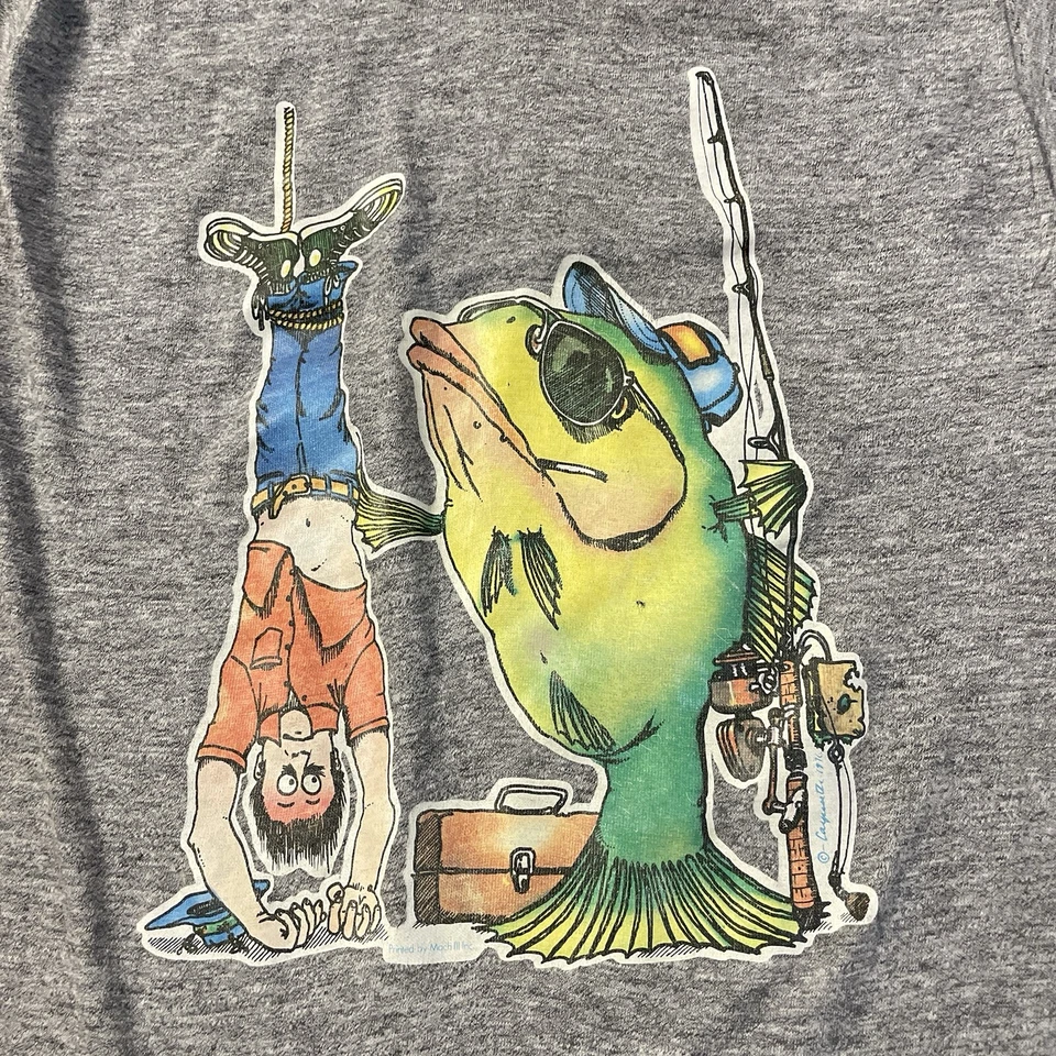 Camisa de Pesca DE COLECCIÓN Juvenil Gris Medio Divertida Arte Pez EE. UU. 70s 80s 90s Niños De Colección Foto 2 de 4