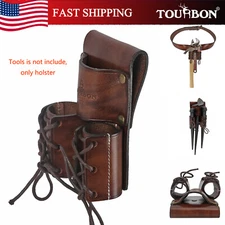 TOURBON Genuine Leather Double Bull Pins Holder Spud Wrench Carrier Tools Sheath
