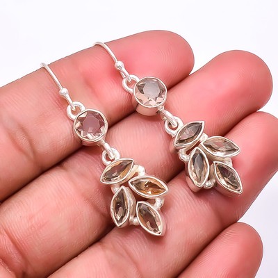 Smokey Multi Collet Gemstone 925 Sterling Silver Handmade Earring 2.03'' E29