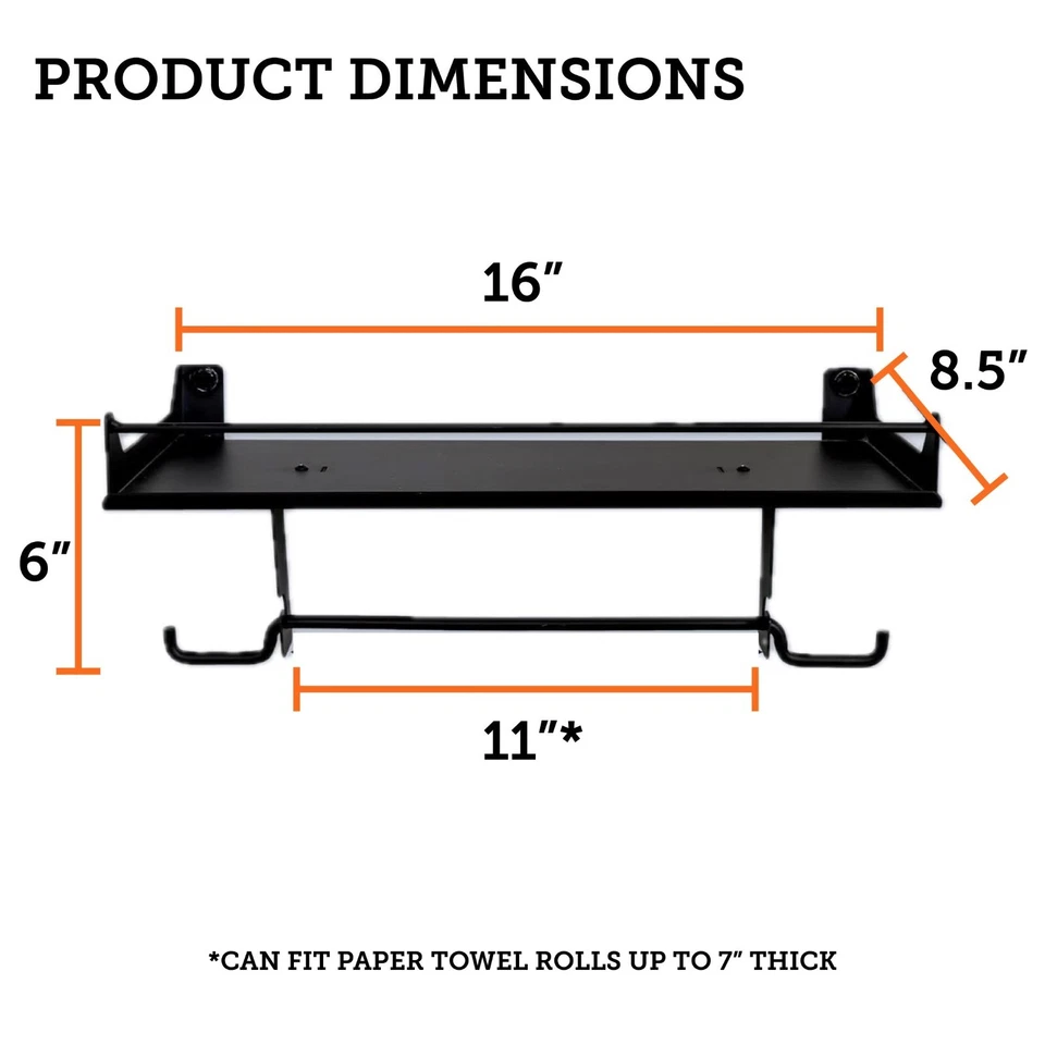 Heavy-Duty Garage Storage Shelf w Hooks & Towel Holder - Alloy Steel, Wall Mount - Image 2 of 4