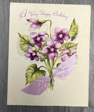 Vintage Birthday Greeting Card Unused Purple Flowers Ribbon Made in USA READ