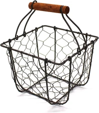 Square Chicken Wire Egg Basket Fruit Basket with Wooden Handle Primitives Vintag