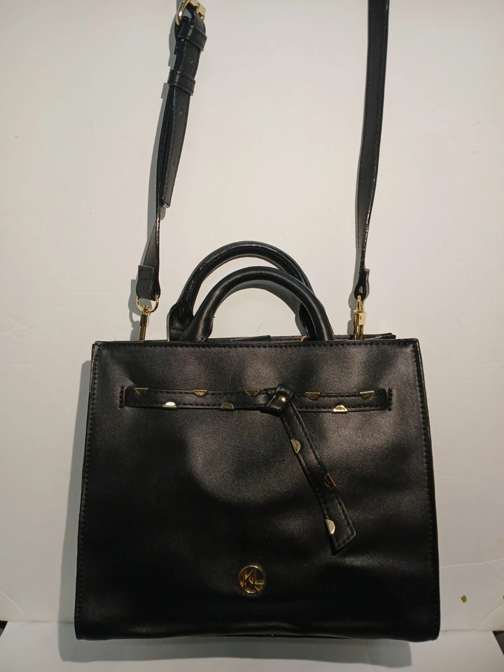 Cartera cartera Kate Landry negra imitación cuero doble asa correa de hombro Foto 2 de 4