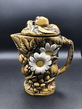 Vintage Pitcher Daisy Brown & White - Fruit Pitcher With Lid Made In Japan MCM-