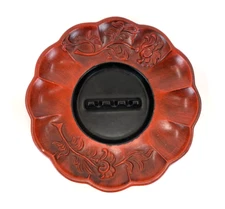 Haeger USA Ashtray #2034 Scalloped Raised Floral Design MCM Black and Orange/Red