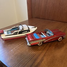 1950s SSS Japan Tin-Plate Friction Vacationland Set Car & Boat Vintage Toy