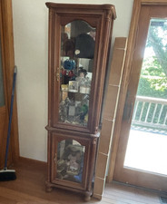 Brown Wood Glass Curio Cabinet Mirrored Back, Freestanding 2 Glass Doors