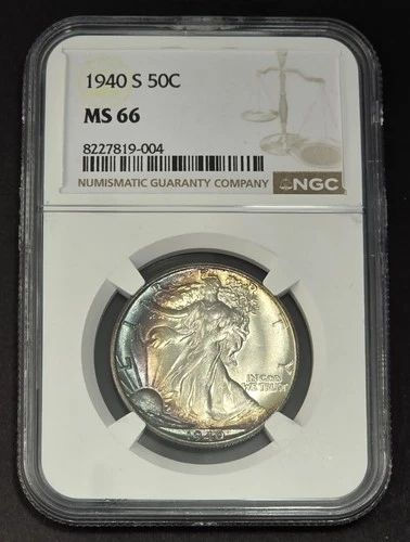 1940-S WALKING LIBERTY HALF DOLLAR NGC MS66 - BLUE CRESENT TONED!  FRESH COIN