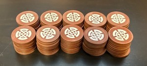 Full Box Of 100 Vintage Olympic Inlay Brown Square Edge Poker Wheel Faro Chips