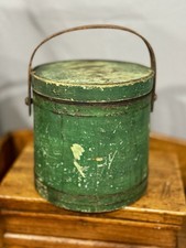 Antique Wood Firkin Sugar Bucket w/ Lid Green Paint Primitive