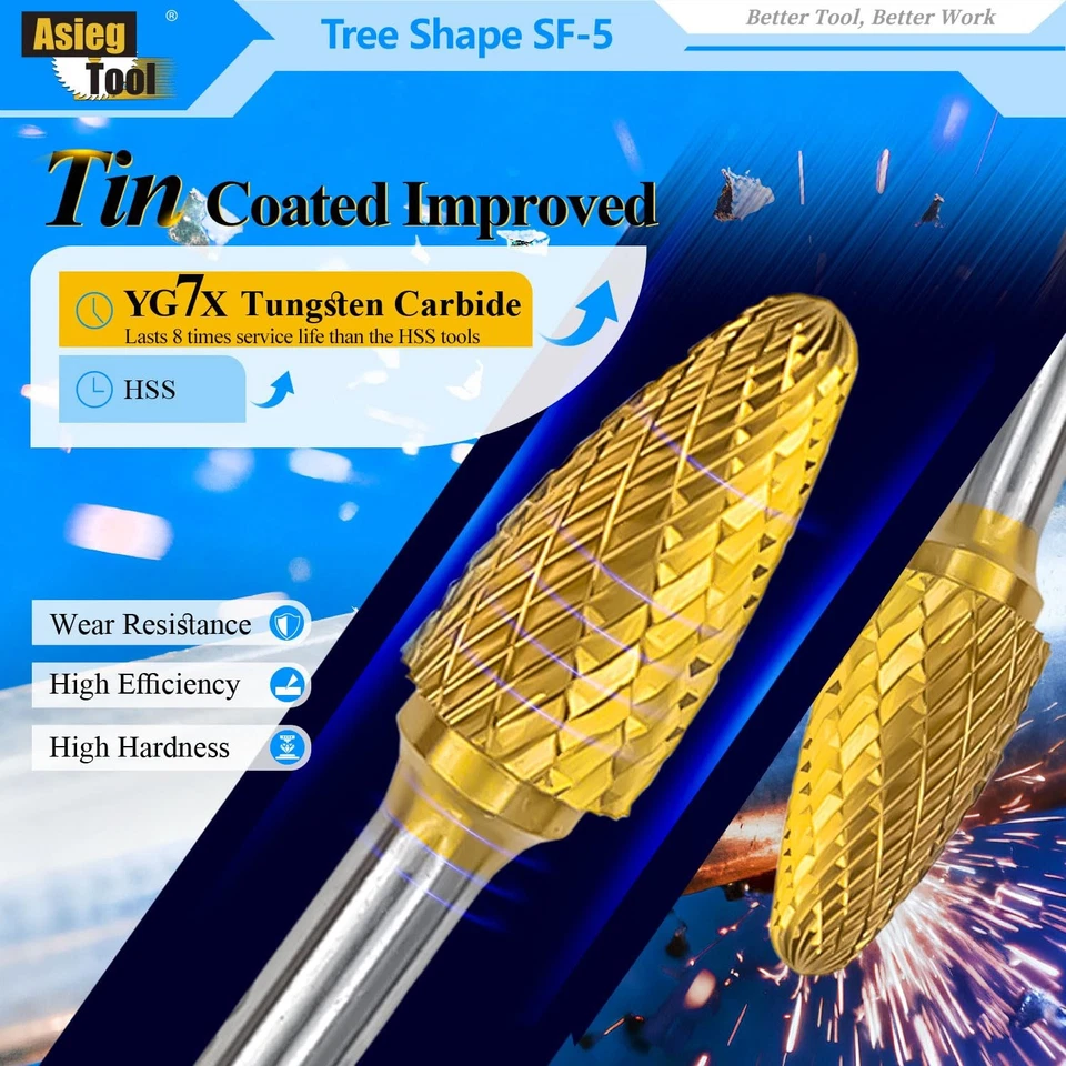 5-pcs Tungsten Carbide Burr TiN Rotary File Tree Shape 1/4 in Shank 1/2 in - Image 3 of 4