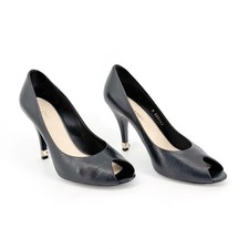 Chanel Peep Toe CC Logo Pearl Black Leather Pumps High Heels Size 38.5 US 7.5-8
