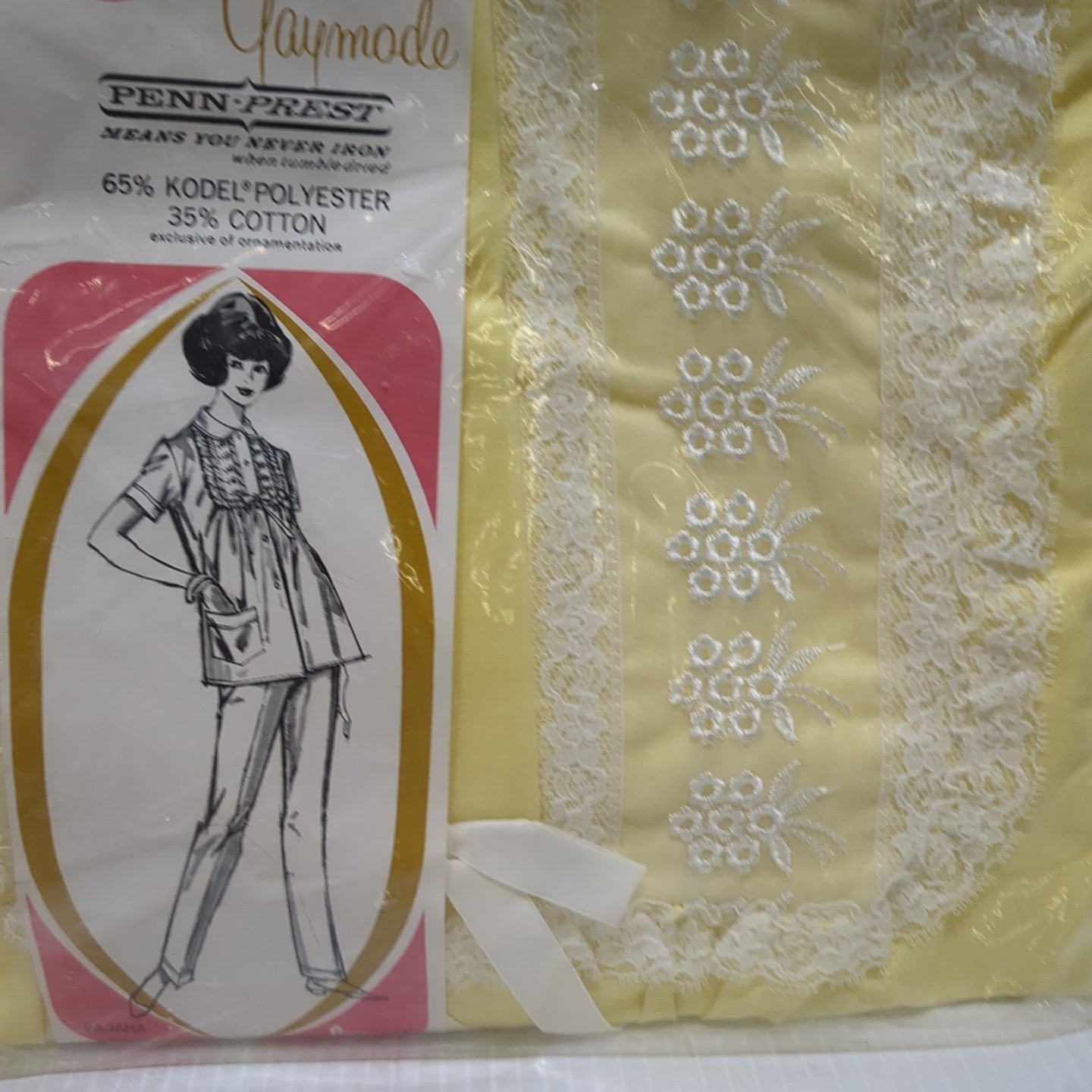 Vtg Gaymode Pajamas Set Yellow Lace Trim Penn Pre Kodel Polyester NOS M Penneys