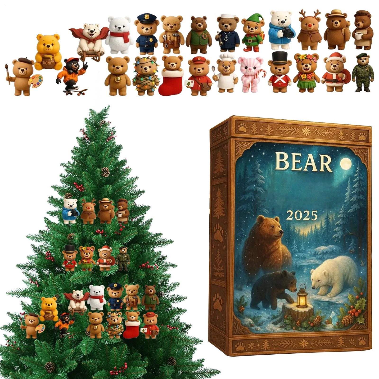 2025 Christmas Countdown Bear Advent Calendar 2D Acrylic Tree Ornaments