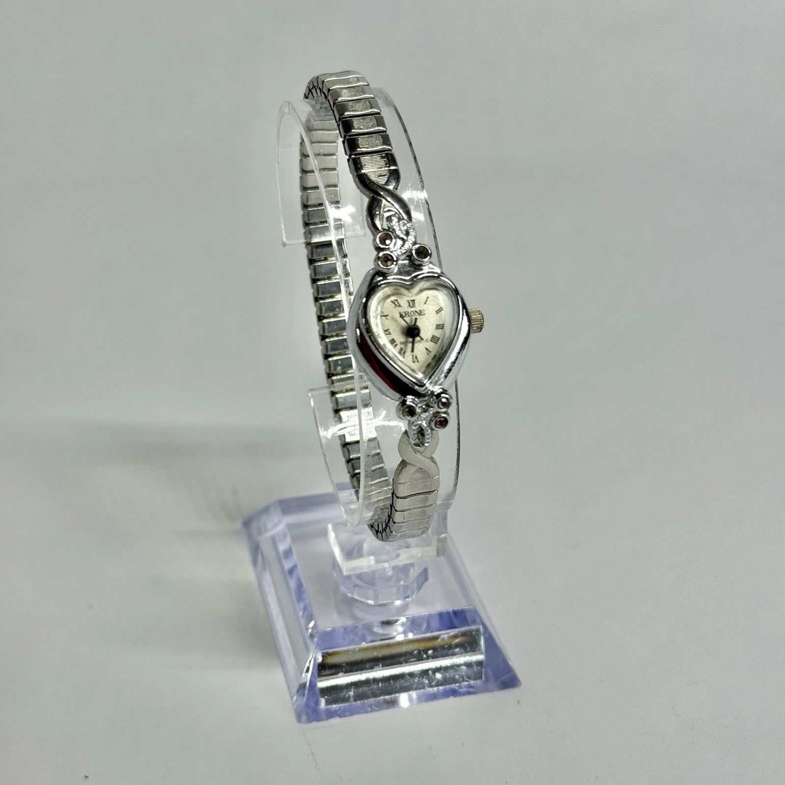 KRONE Dainty Heart Analog Quartz Silver Tone Women Vintage Watch W581 *WORKING