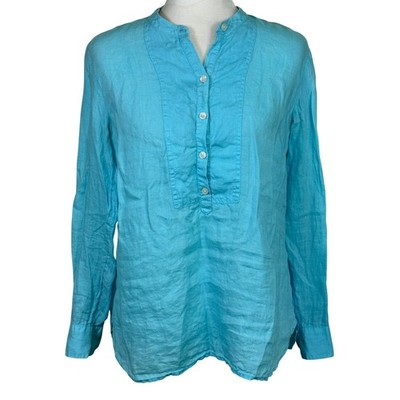 Nautica Womens Linen Henley Tunic Shirt Turquoise Blue Roll Tab Sleeve Size S