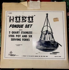 VINTAGE GAILSTYN 2 Qt HOBO FONDUE SET-Stainless Steel Pot W/6 Serving Forks NOS