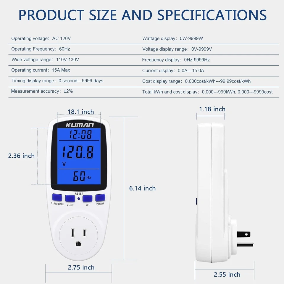 Компактный подключаемый ваттметр - монитор энергии с памятью данных и прозрачным ЖК-экраном - Изображение 4 из 4