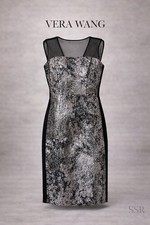 Vera Wang Silver Black Metallic Jacquard Cocktail Dress Sheer Mesh Sheath Size 4