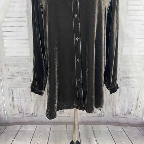 Eileen Fisher Sz 2XS XXS Long Sleeve Velvet Shirt Woodland Green Button Silk B31 - Picture 4 of 12