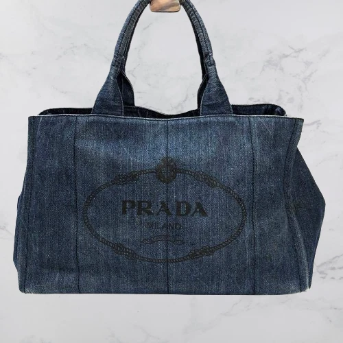PRADA Canapa Tote Hand Bag Size L Denim Canvas Blue W 39cm Japan