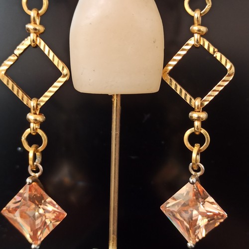 VTG Set Natural Quartz Crystal Y-Drop Gold Tone Cocktail Geometric Links Peach - Picture 10 of 20