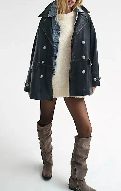 Abrigo We The Free FP Top Notch Cuero Negro Lavado Forro a Cuadros Guisante Nuevo Mediano