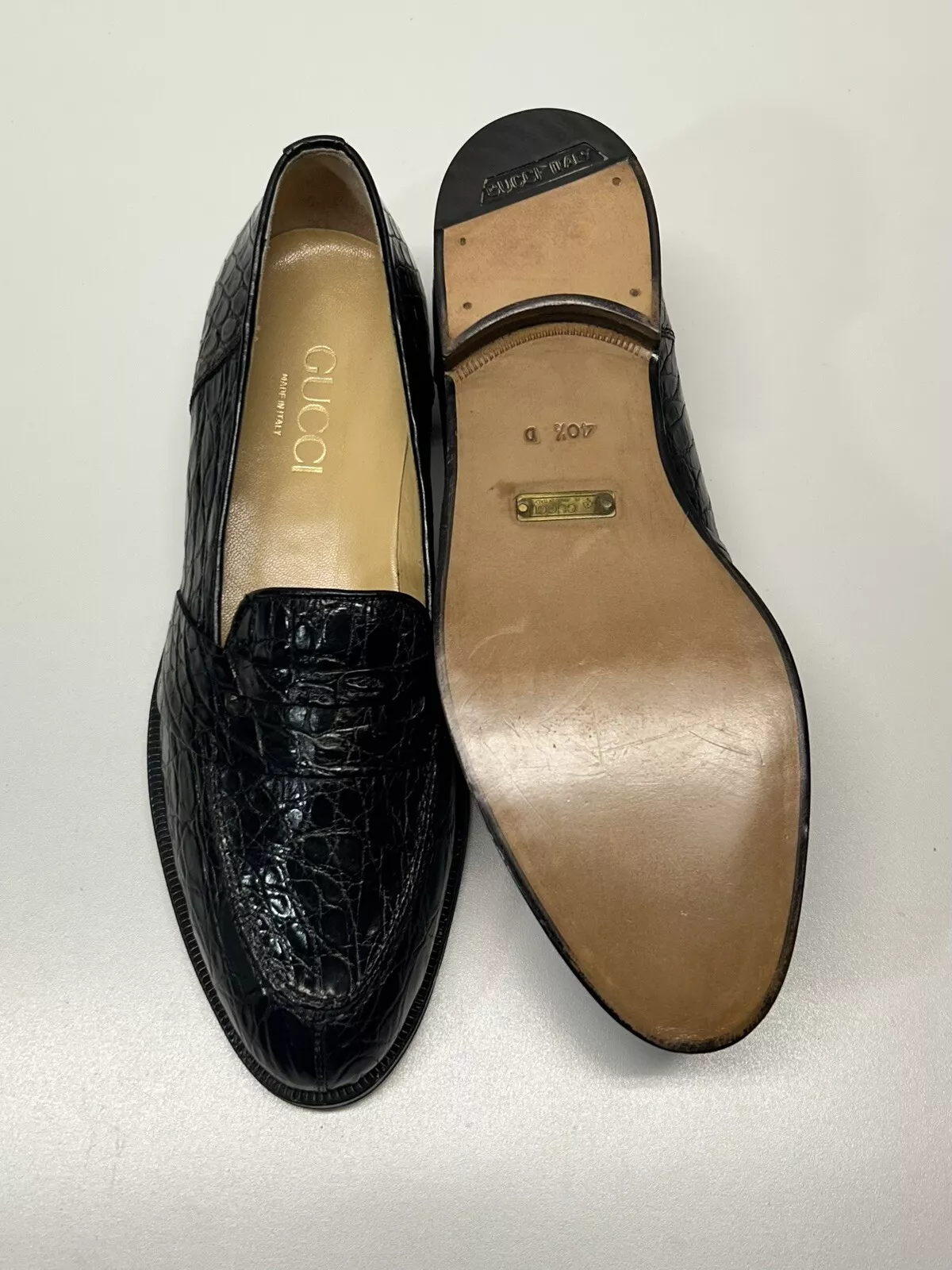 Mocassins homme Gucci noir crocodile classique bretelles complètes bout fendu taille 40,5 D
