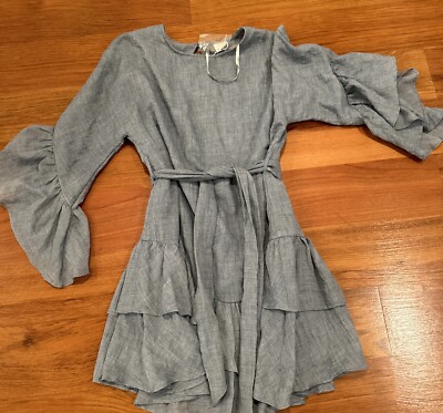 Selfie Leslie Blue Bellini Tiered Ruffle Sleeve Hem dress Women's XS Boho 