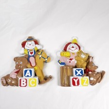 Burwood Clowns Teddy Bears Rocking Horse Blocks Vtg Plastic Wall Hangings Decor