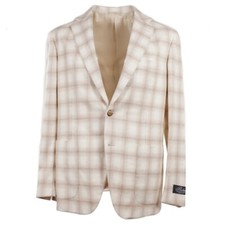 Belvest Ivory Cream and Tan Check 100 Cashmere Sport Coat 42R Eu 52 NWT