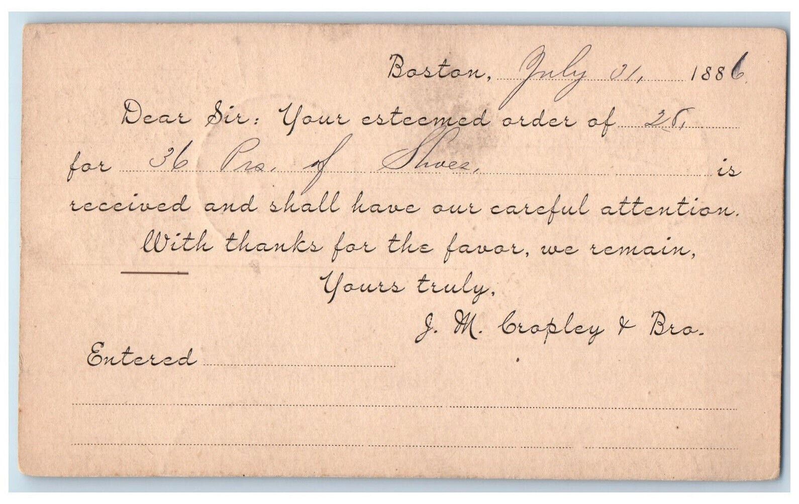 1886 Shoes Order Received JM Crople & Bro. Boston Marblehead MA Postal Card