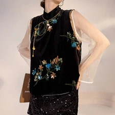 Retro Chinese Style Womens Sleeveless Floral Stand Collar Short Vests Waistcoats